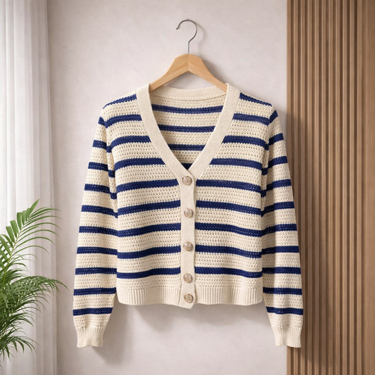 Striped sweater on a hanger against a neutral wall with a plant to the left.
