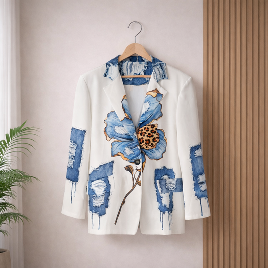 White blazer with blue floral print, distressed denim patch details, leopard print accent, and tailored fit for stylish women's fashion.