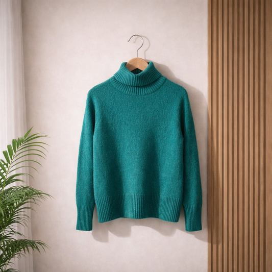 Teal sweater on a hanger against a neutral wall with a plant to the left.
