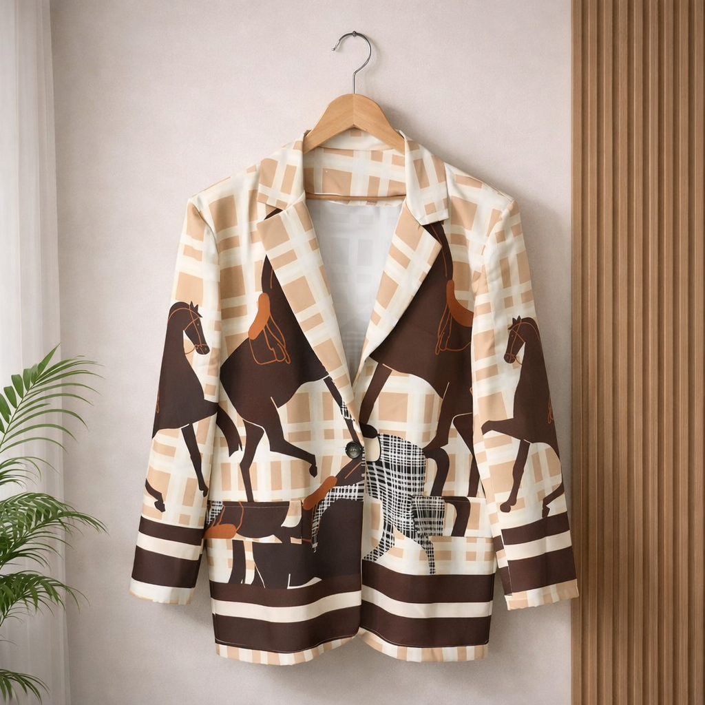 Beige checkered blazer with artistic horse print design, single button closure, and front pockets — luxury equestrian fashion piece