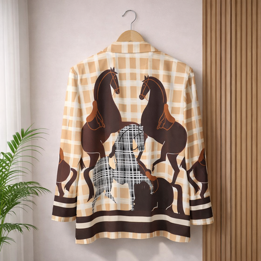 Beige checkered blazer with artistic horse print design, single button closure, and front pockets — luxury equestrian fashion piece