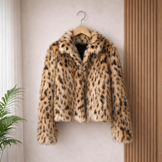 Leopard-print faux fur jacket hanging on a light wooden hanger