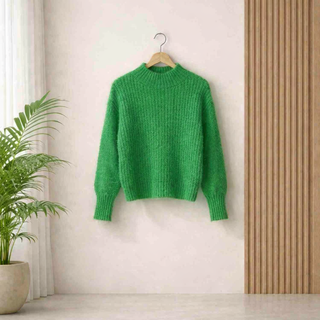 Bright green knitted mock neck sweater with a soft textured pattern, long sleeves, and ribbed cuff