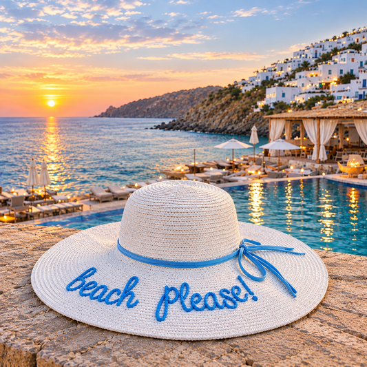 White woven sun hat with blue “Beach please!” lettering and a matching blue ribbon