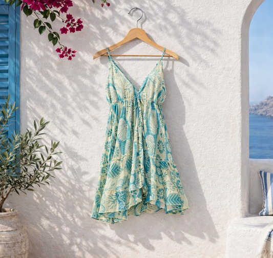 Women's turquoise and cream boho print tiered summer dress with thin straps, V-neckline and flowing flared hem