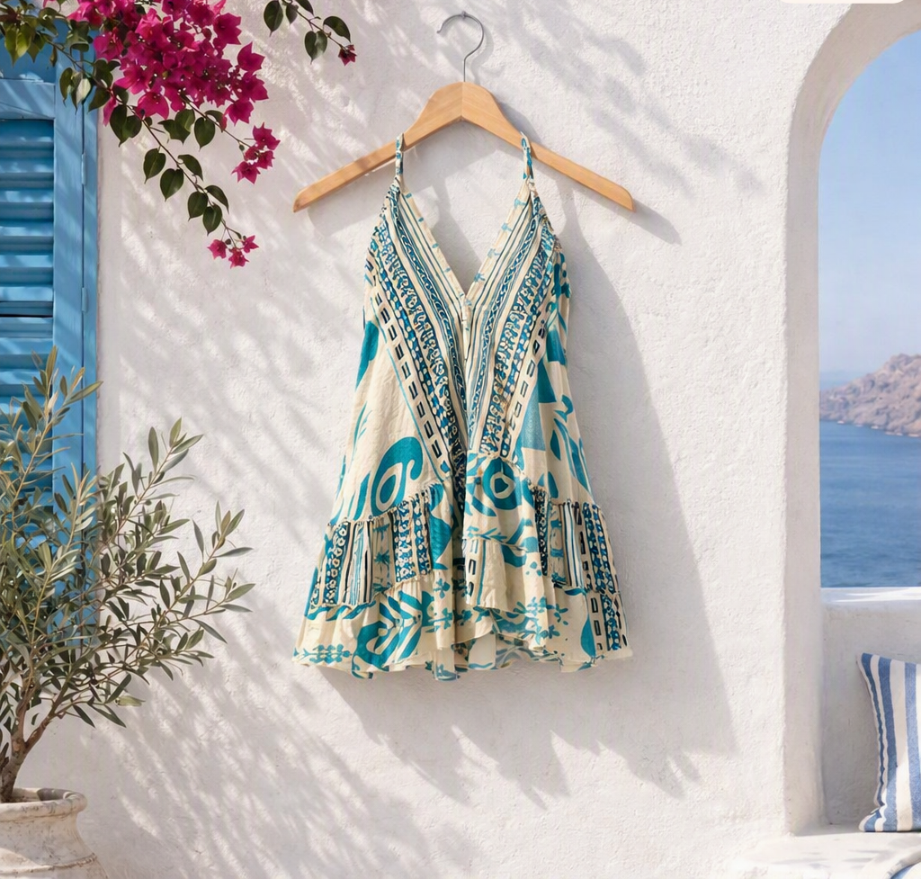 Blue and cream printed mini dress with a halter neckline and tiered ruffle hem