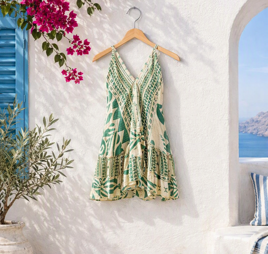 Sleeveless short dress with geometric green and beige patterns, lightweight fabric, and a casual summer fit.