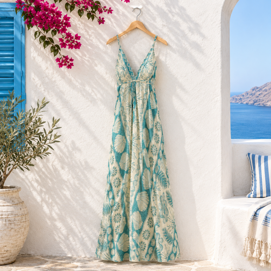 Long sleeveless cream summer dress with turquoise seashell and floral print hanging on a wooden hanger against a white stucco wall
