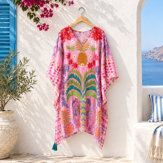 A pink kaftan-style cover-up dress with a colorful tropical and floral print hangs on a wooden hanger against a white stucco wall. The print features a large pineapple and palm tree motif in shades of green, blue, orange, and purple.