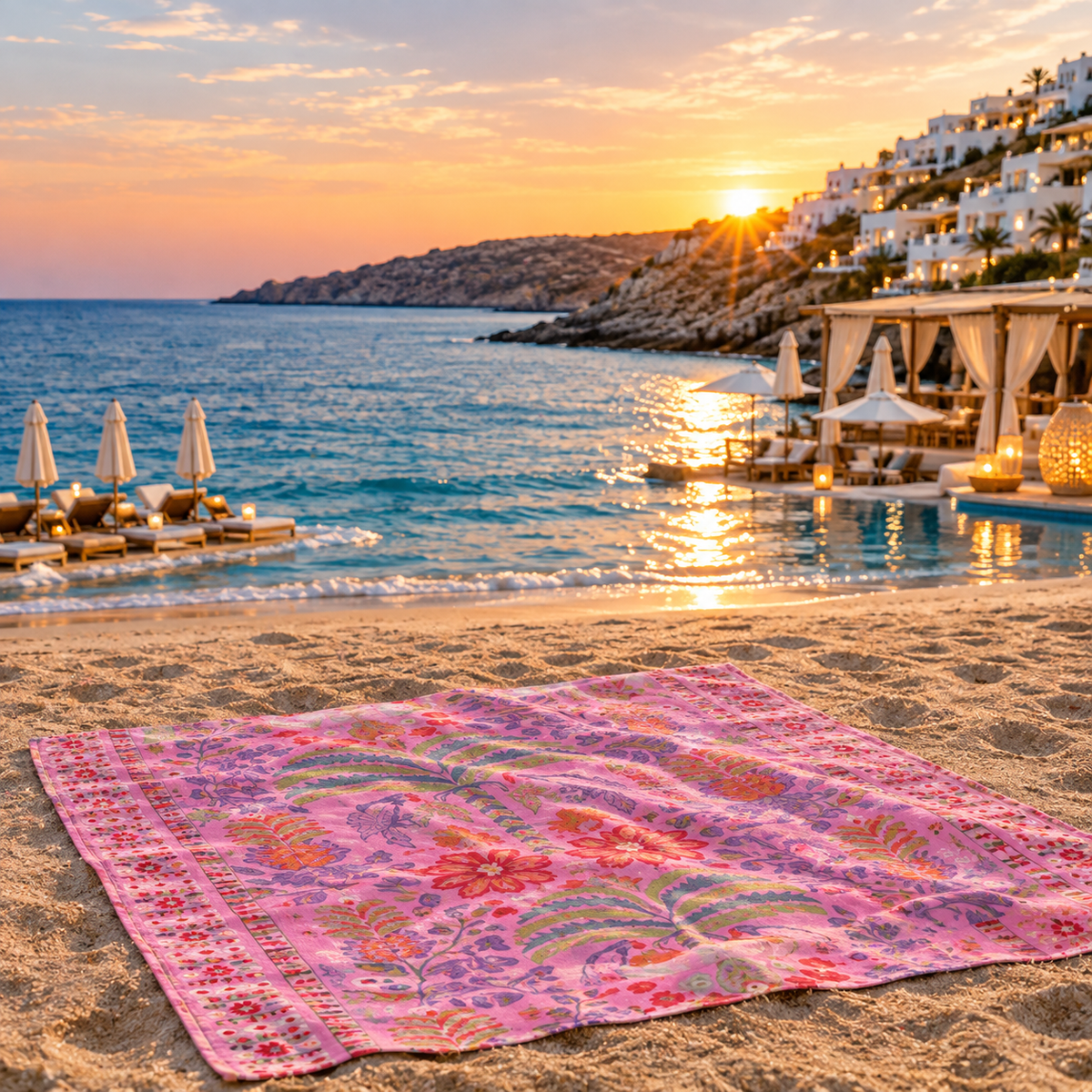 A pink and purple tropical-patterned towel is spread out on a sandy beach in front of a resort pool at sunset, with blue ocean water, white buildings, and lounge chairs in the background.