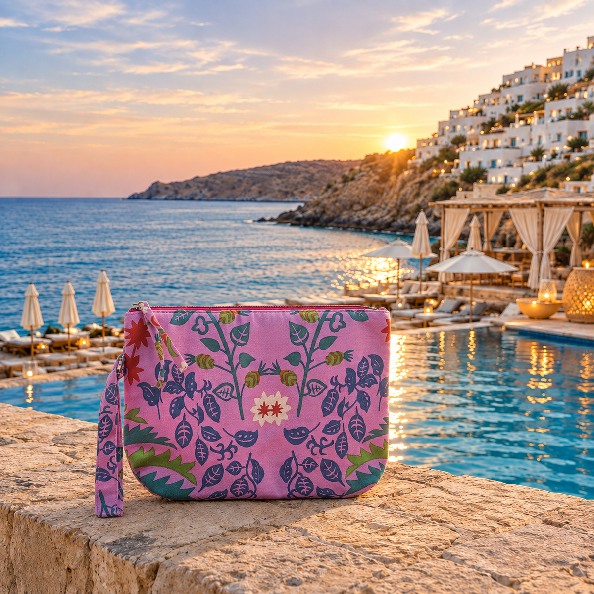 A pink zip pouch with a botanical leaf pattern in purple, green, and white, resting on a stone ledge overlooking a resort pool and ocean at sunset.
