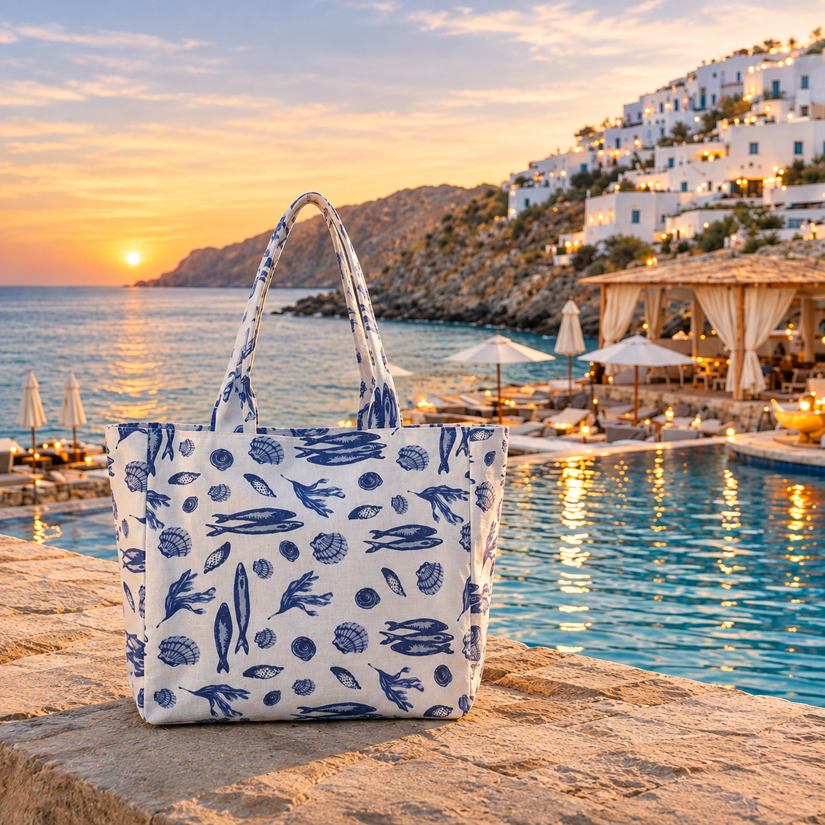 A white tote bag with a blue fish and shell print sits on a stone ledge in front of a resort pool at sunset, with white buildings and a rocky coastline in the background.