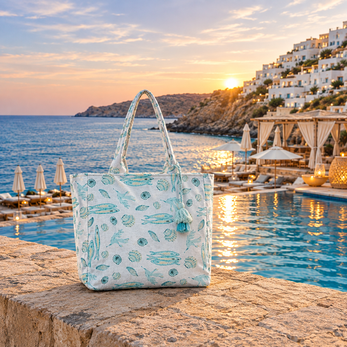 A tote bag with a light blue and white seashell pattern sits on a stone ledge overlooking a resort pool at sunset.