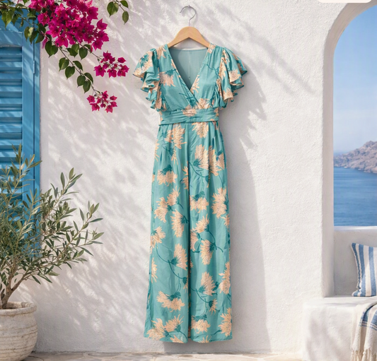 Floral jumpsuit with V‑neckline, short ruffled sleeves, and flowing skirt detail hanging on wooden hanger against Mediterranean white stucco wall, framed by pink bougainvillea, olive plant, and sea view.