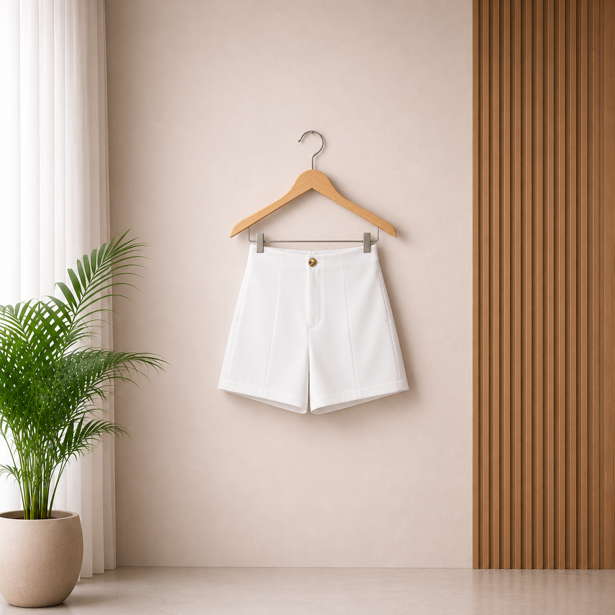 Women's high-waisted tailored shorts with gold button detail in chocolate brown and white, featuring a flattering structured fit, front pleats, side pockets, and elegant smart-casual styling.