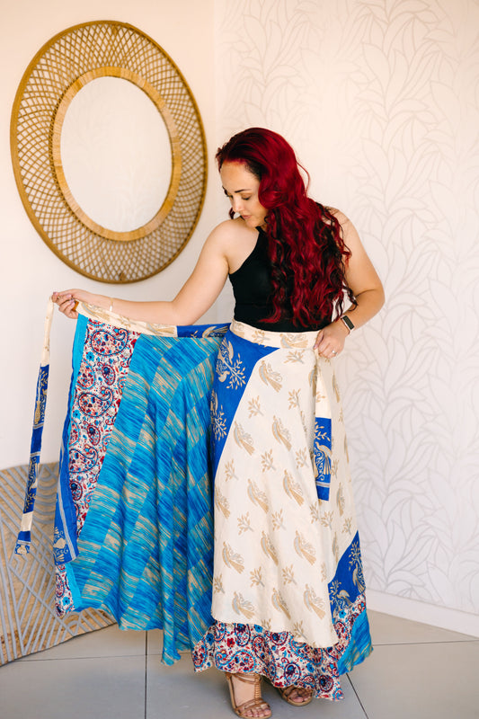 Indian Silk Wrap Skirt - Blues