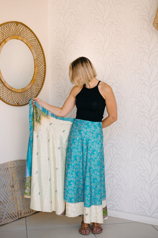 Indian Silk Wrap Skirt - Aqua Dream