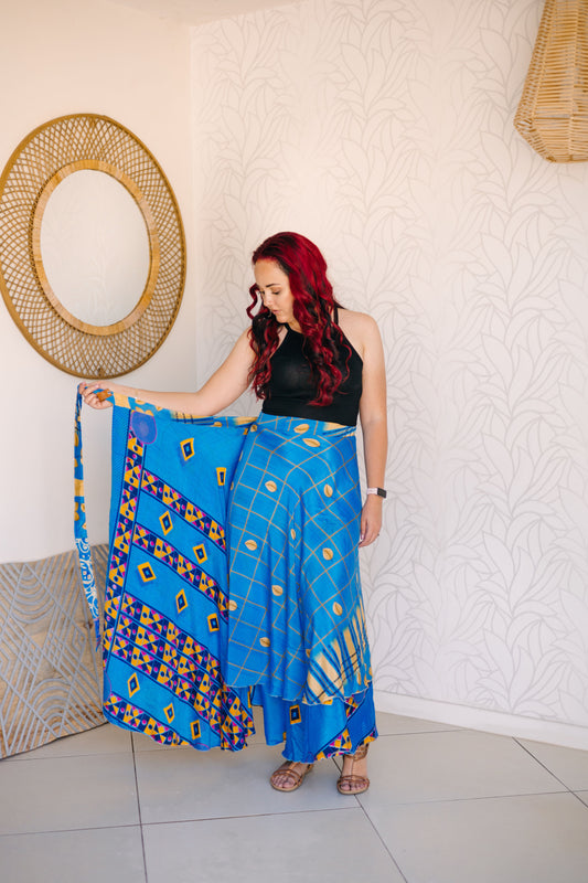 Indian Silk Wrap Skirt - Deep Sea Breeze