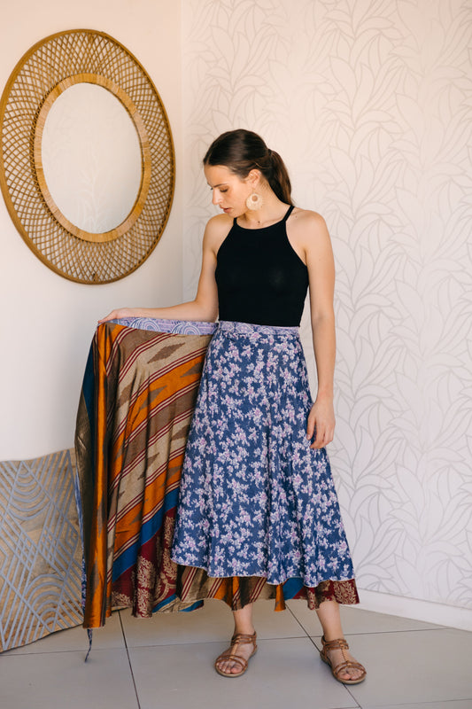 Indian Silk Wrap Skirt - French Bloom