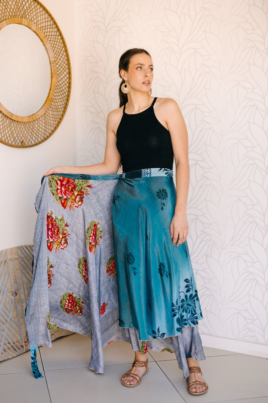 Indian Silk Wrap Skirt - Vintage Blue