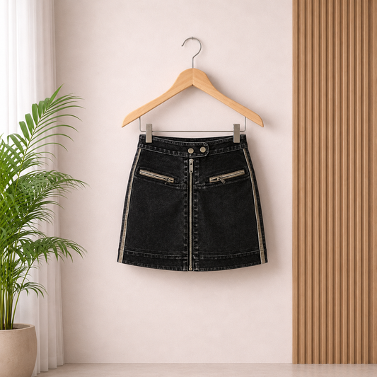 A black denim mini skirt with silver zipper details hangs on a wooden hanger against a beige wall, with a potted green plant on the left and a slatted wood panel on the right.