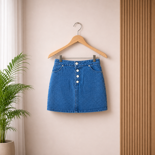 A blue denim mini skirt with a button-up front, hanging on a wooden hanger against a beige wall with a potted plant on the left.