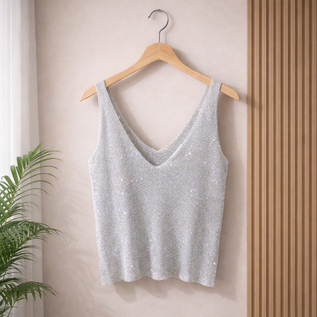 Light gray sleeveless top on a wooden hanger against a beige wall with a plant in the corner.