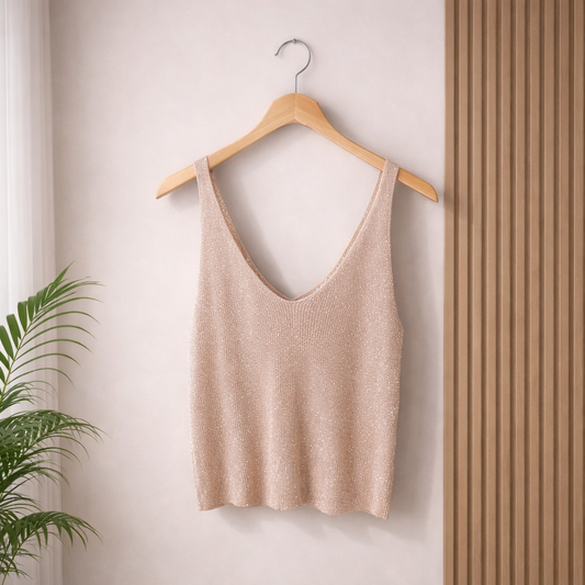 A beige knitted sleeveless top with a deep V-neckline hanging on a wooden hanger against a neutral wall