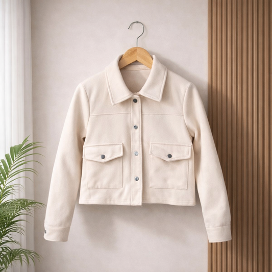 Cream jacket hanging on a wooden hanger against a neutral wall with a plant to the left.