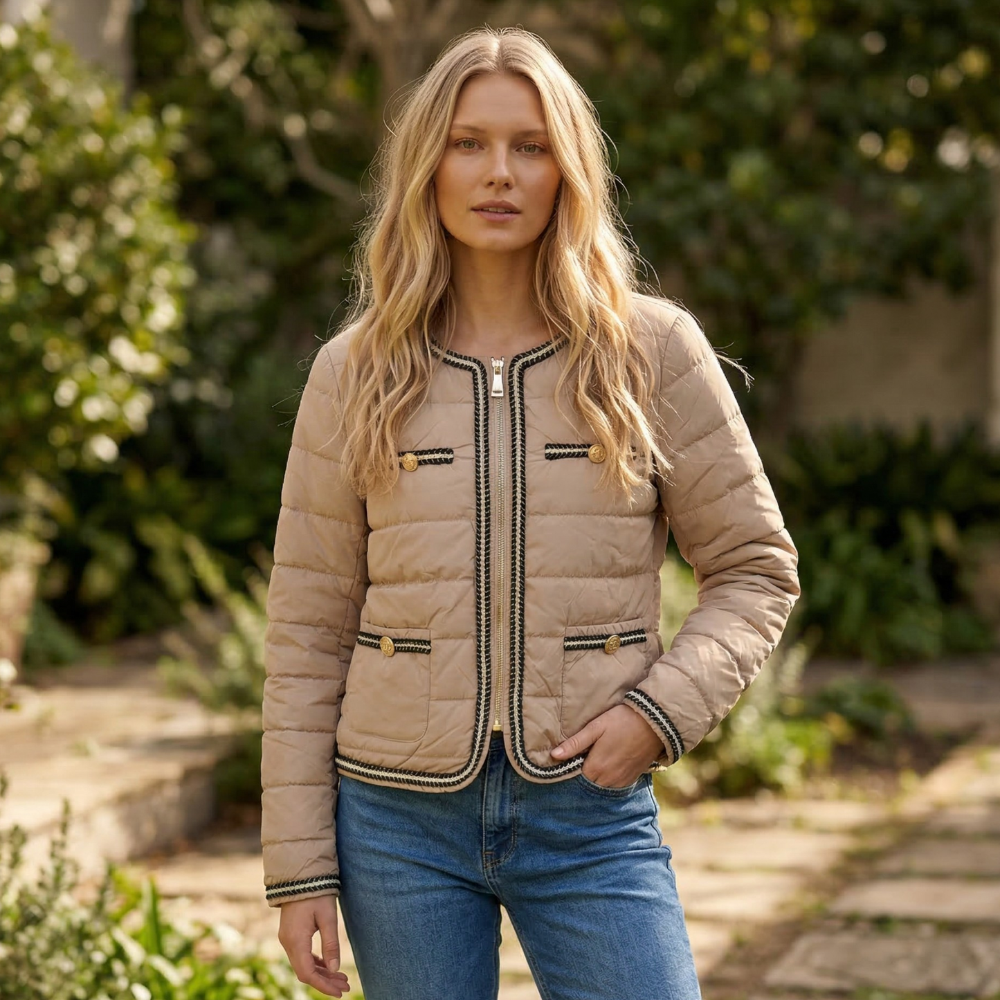 Luxury beige quilted puffer jacket for women, Made in Italy, featuring a tailored slim fit, gold zip detailing and contrast trim, styled with denim in an outdoor setting