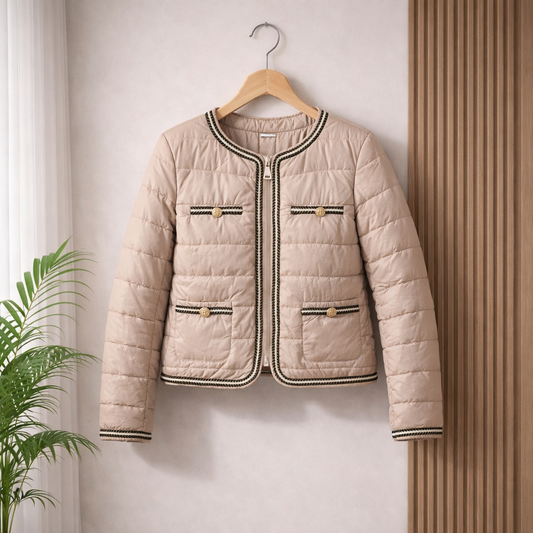 Luxury beige quilted puffer jacket for women, Made in Italy, featuring a tailored slim fit, gold zip detailing and contrast trim, styled with denim in an outdoor setting