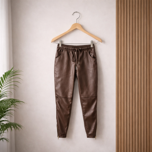 Brown faux leather pants hanging neatly on a wooden hanger against a light beige wall, with a green potted plant and wooden slat panel adding a minimalist, natural touch. Soft shadows enhance the realistic look and texture of the pants
