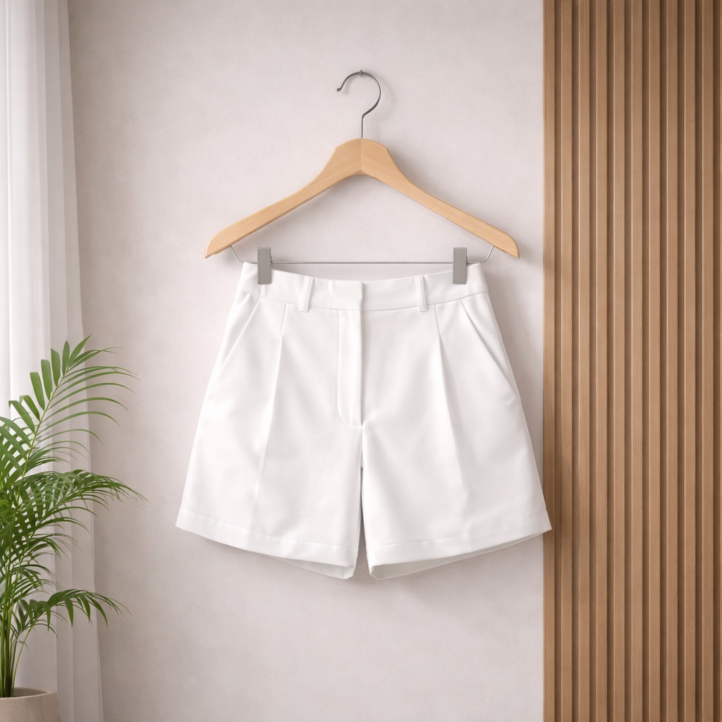 Women's white high-waisted tailored shorts with front pleats, side pockets and a structured fit, hanging on a wooden hanger against a neutral background