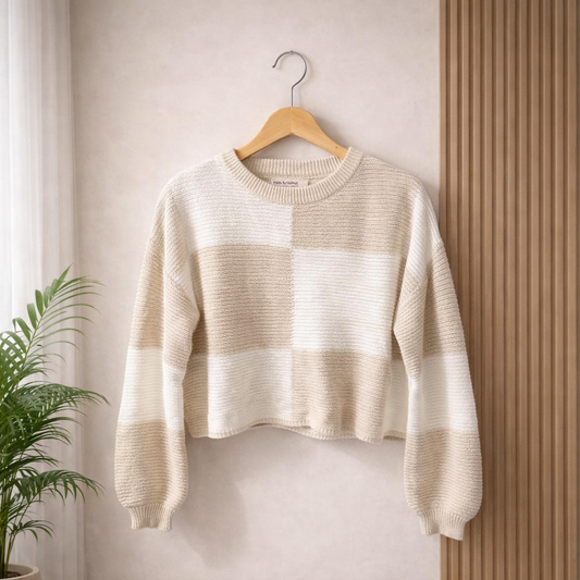 Women's oat beige and ivory colour block cropped knit sweater with long sleeves and soft textured fabric for casual winter fashion.
