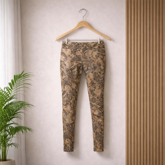Patterned pants on a hanger against a neutral wall with a plant in the corner.