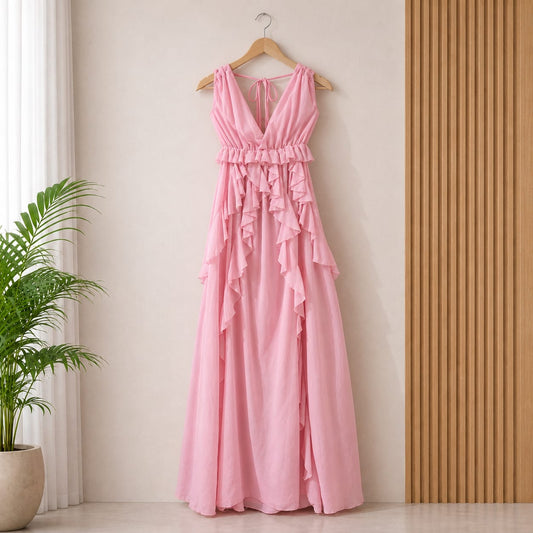 Zade pink ruffled maxi dress hanging against a neutral background showcasing its cascading ruffles.
