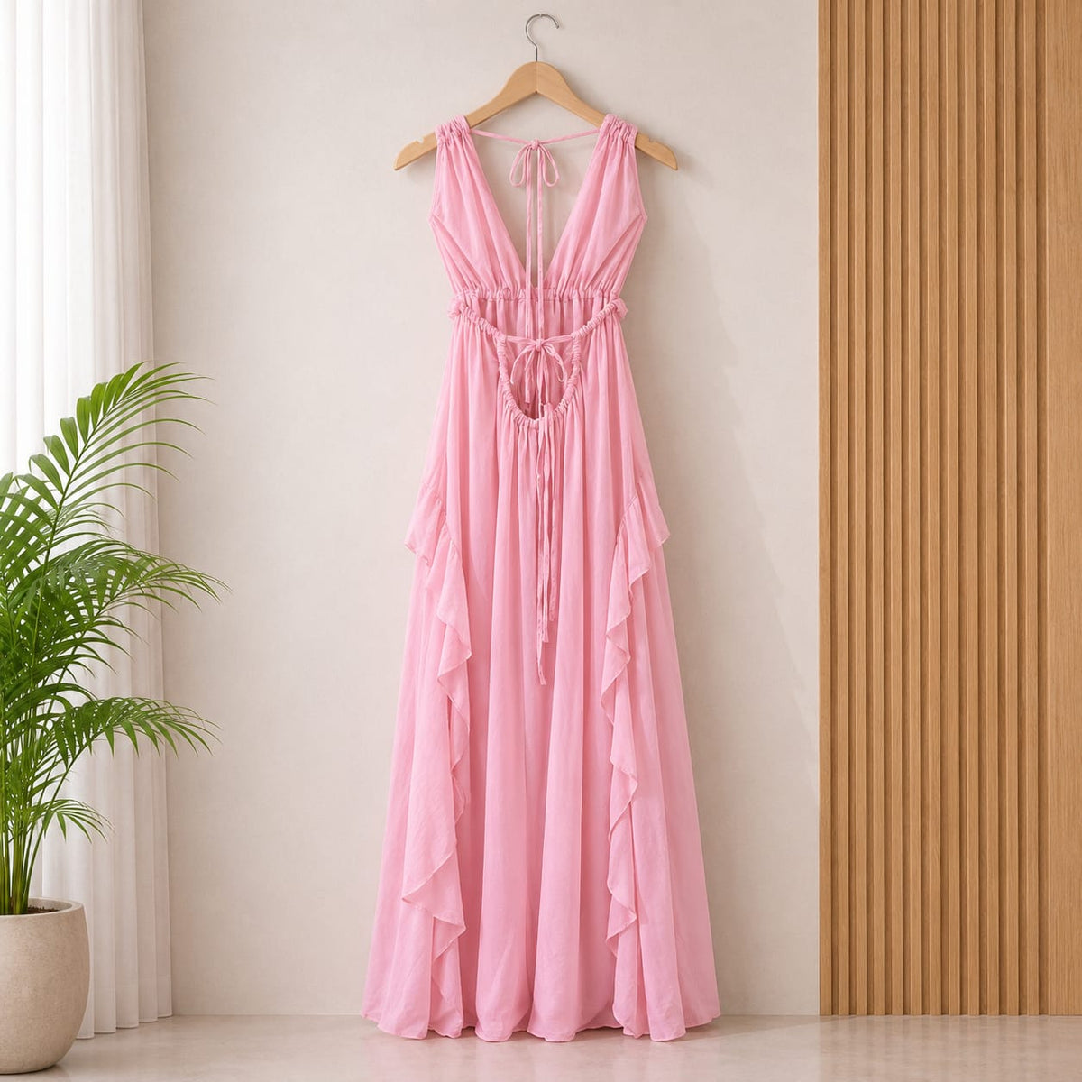 Back detail of the Zade pink maxi dress showing open-back design and adjustable ties.