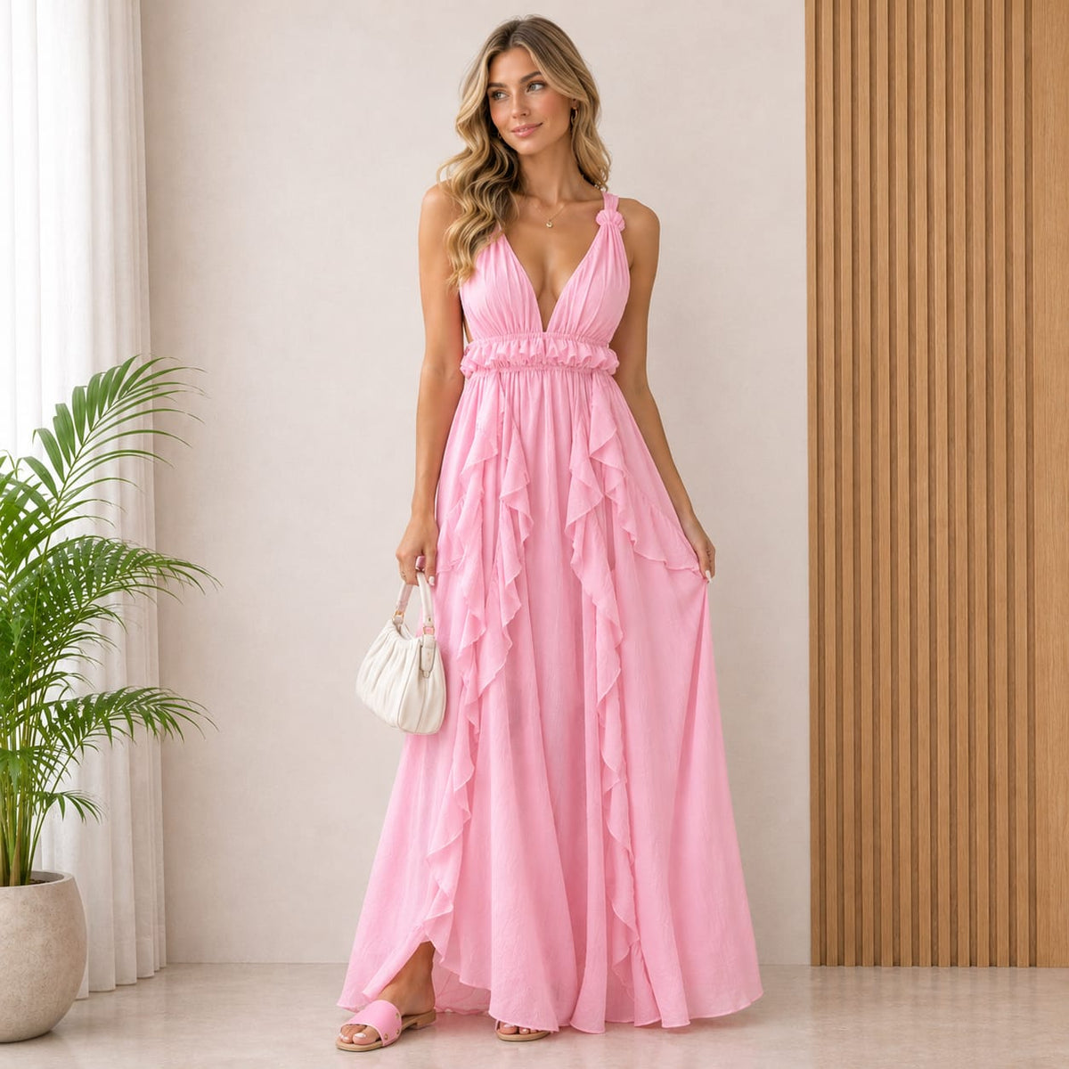 Model wearing the Zade pink ruffled V-neck open-back maxi dress for summer events.