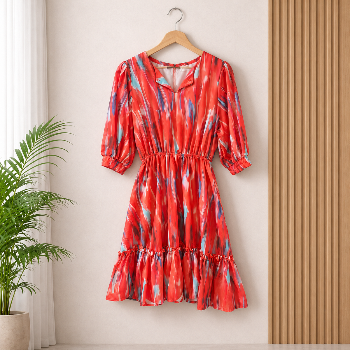 Red Abstract Print Ruffle Hem Dress