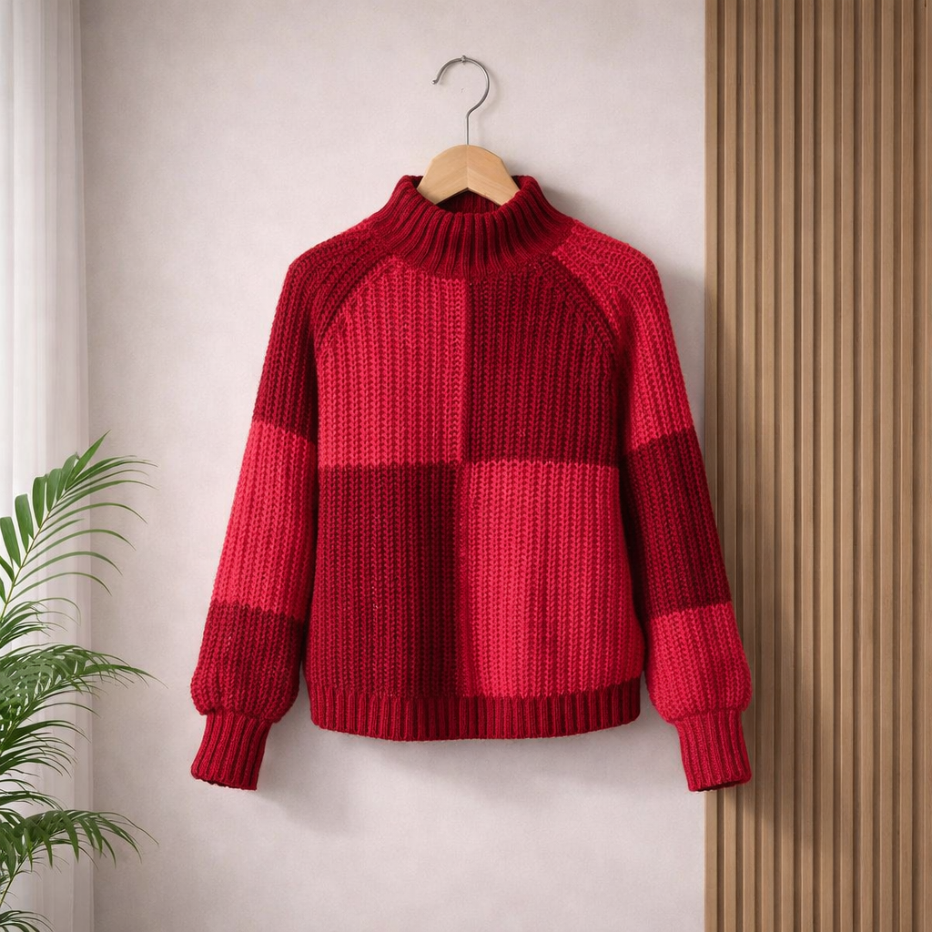 A red and pink color-blocked knitted turtleneck sweater hanging neatly on a wooden hanger against a light wall