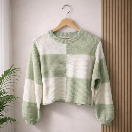 Women's sage green and ivory colour block cropped knit sweater with long sleeves and soft textured fabric hanging on a wooden hanger.