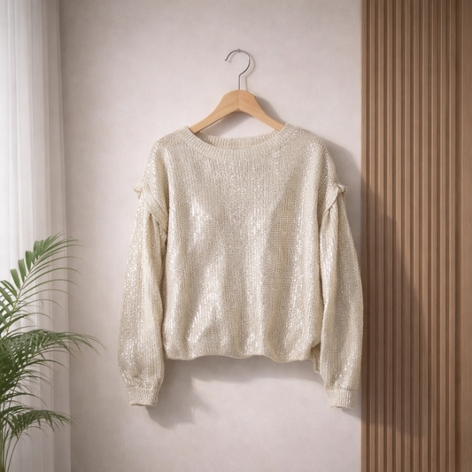 White sweater on a wooden hanger against a neutral wall with a plant to the left.