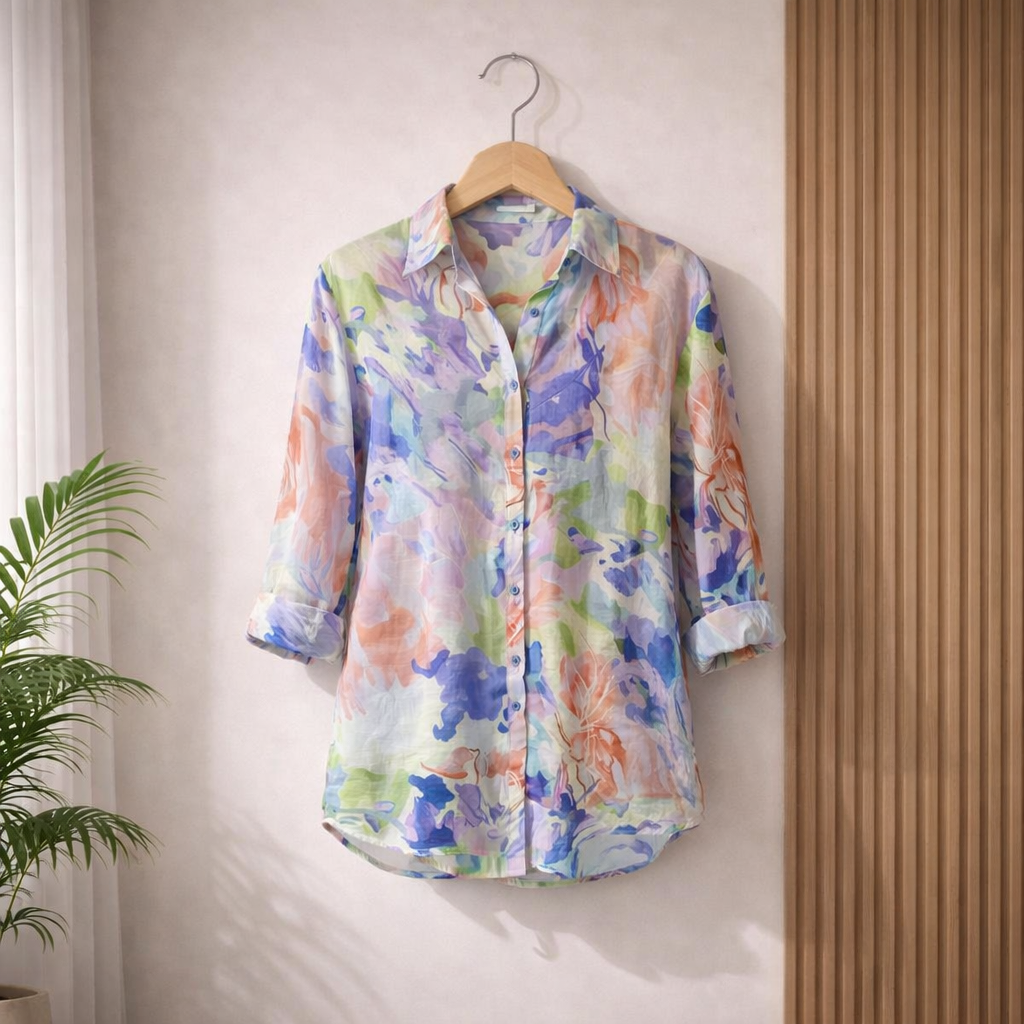 Colorful floral shirt on a hanger against a neutral wall with a plant to the left.
