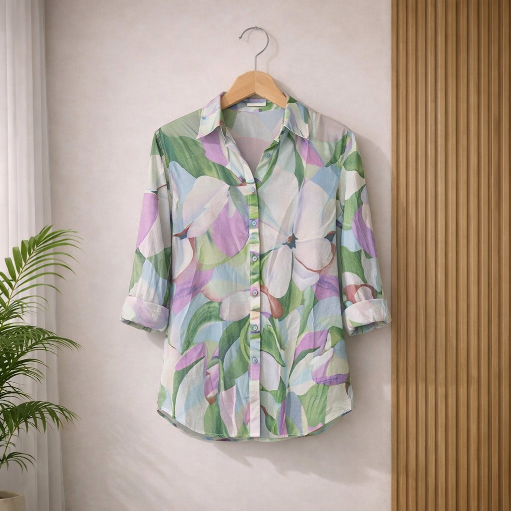 Colorful floral shirt on a hanger against a neutral wall with a plant to the left.