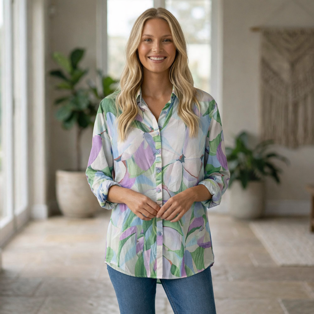 Colorful floral shirt on a hanger against a neutral wall with a plant to the left.