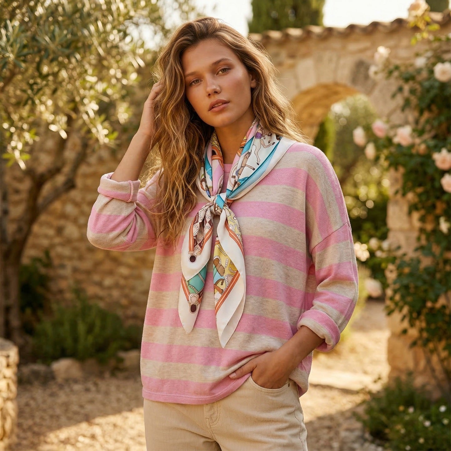 Luxury soft knit stripe top in blush and neutral tones with silk scarf detail, Made in Italy, styled in a relaxed fit for effortless chic everyday wear outdoors