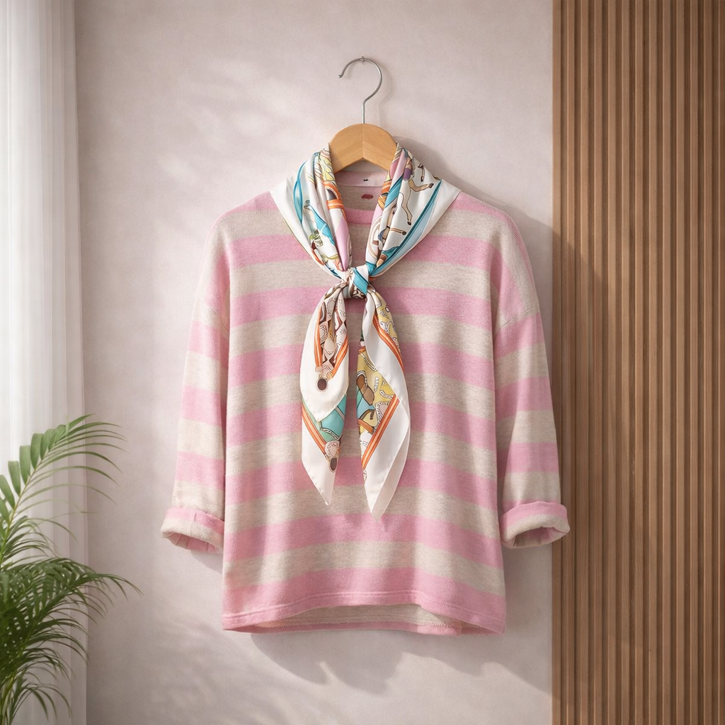 Luxury soft knit stripe top in blush and neutral tones with silk scarf detail, Made in Italy, styled in a relaxed fit for effortless chic everyday wear outdoors
