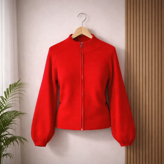 Red jacket on a hanger against a neutral wall with a plant to the left.