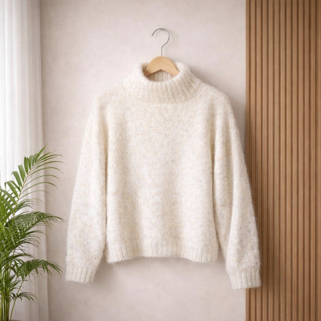 Speckled Cream-colored fuzzy knit turtleneck sweater