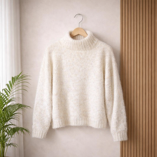Speckled Cream-colored fuzzy knit turtleneck sweater